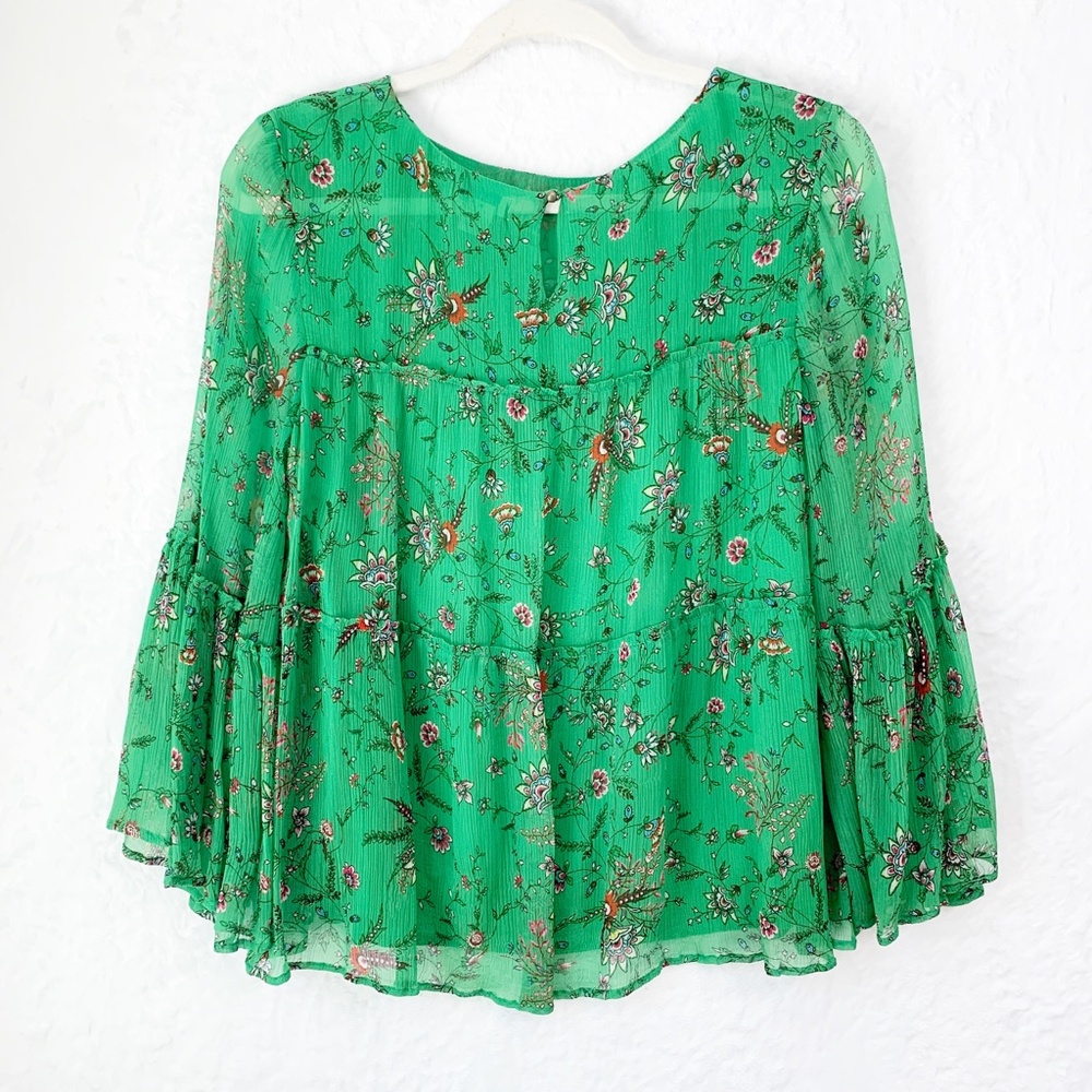 Sundance Tiered Bell Sleeve Green Floral Flowy Blouse Sz XS - Picture 3 of 11
